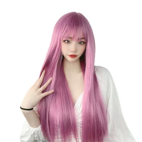 2/$30 NEW Long Straight Pink Wig with Bangs Role CosPlay Dress Up Halloween - Picture 1 of 5